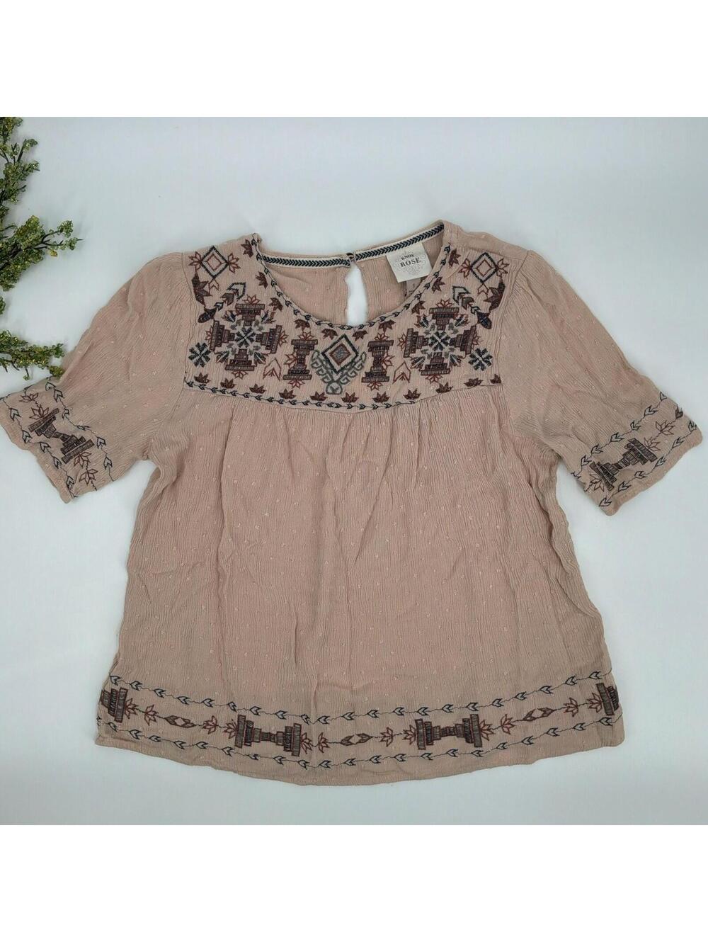 Knox Rose Tan Embroidered Boho Top with Keyhole Neck Size Small